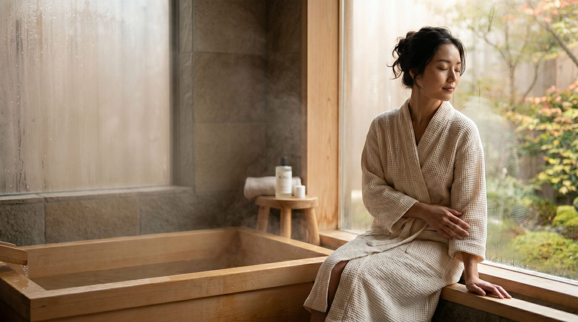 A woman in a serene Japanese bathing ritual
